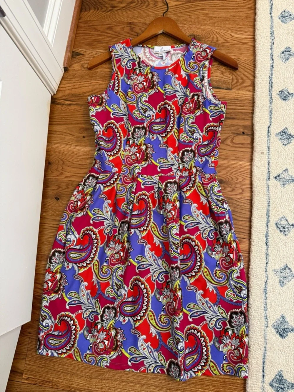 Jude Connally Pink Orange Paisley Floral Print Knit Fit Flare Mini Dress Small - Picture 7 of 10